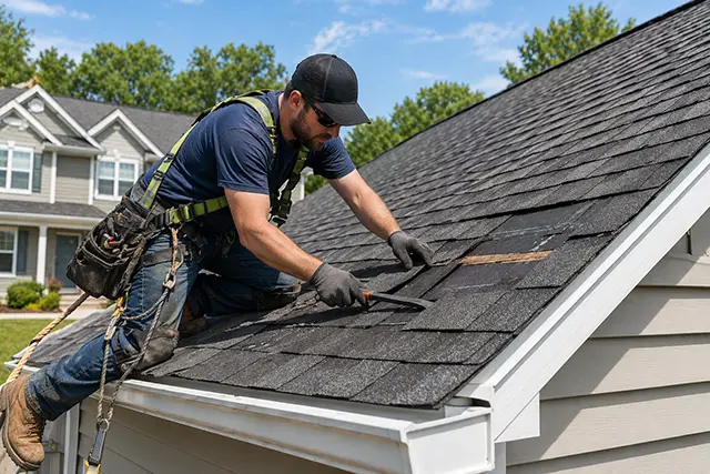 Roof repair service fixing damaged shingles on residential home in Cincinnati Ohio