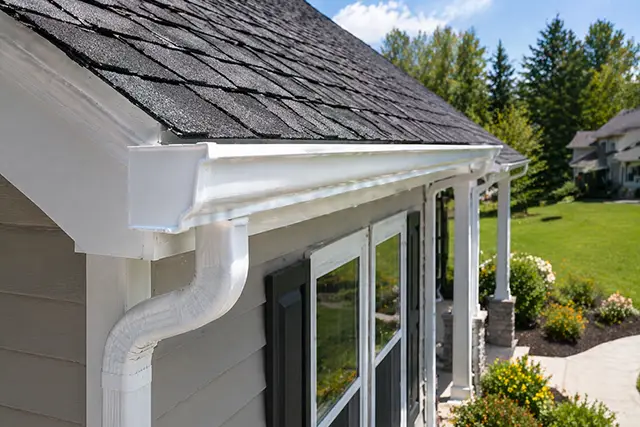 Seamless white gutter system installed along roofline of residential home in Cincinnati Ohio