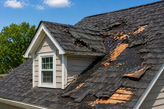 Storm damage roof repair showing missing shingles and exposed roof decking in Cincinnati Ohio